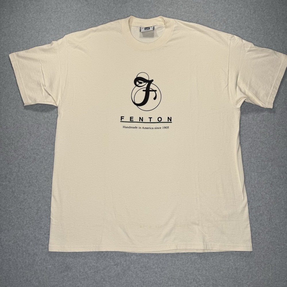 VTG Fenton Art Glass T-Shirt Men's XL Lee Tag White Promo Graphic 90s Spell Out - Picture 2 of 8